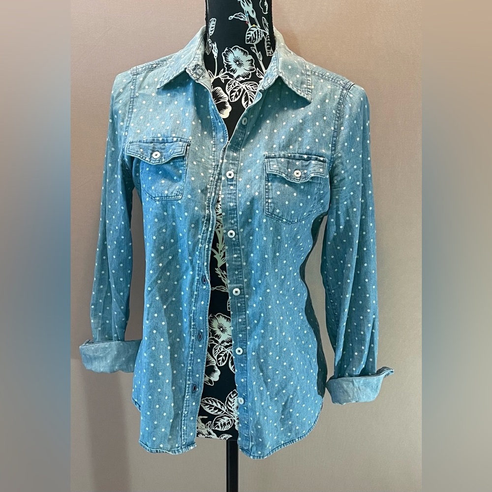 SO polka dot denim button up shirt